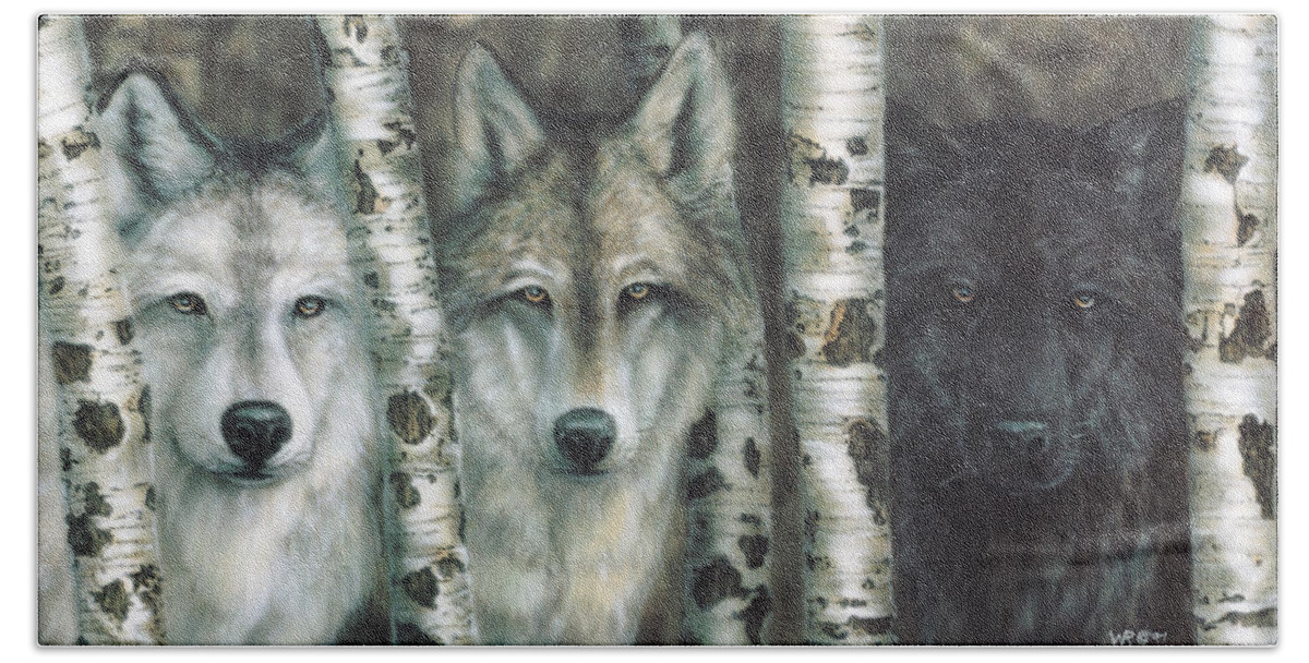Wolves Bath Towel featuring the painting Shades of Gray by Wayne Pruse