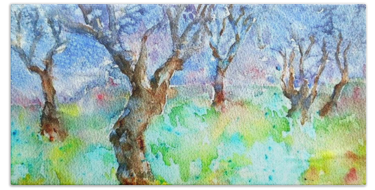Watercolour Bath Towel featuring the painting Sunlight and Shadows in the Olive Grove, by Trudi Doyle