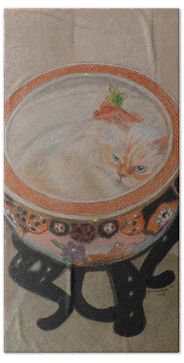 Cat Bath Towel featuring the drawing Shakespeare in a Chinese Fishbowl by Quwatha Valentine