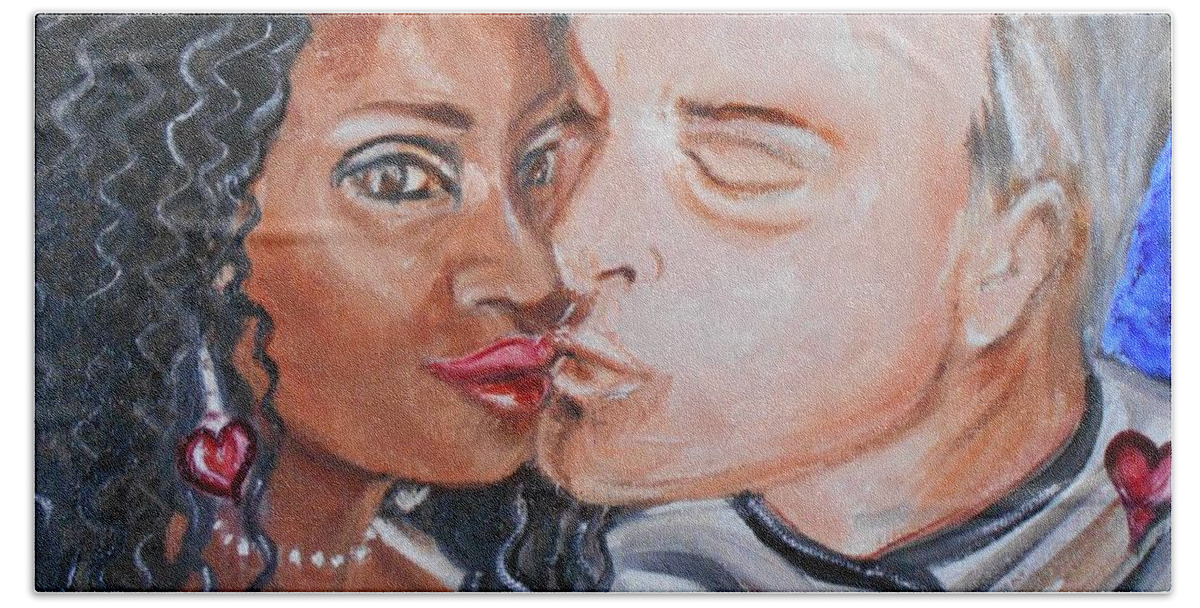 Interracialart Bath Towel featuring the painting Shalonda and Rainer - All you need is love by Yesi Casanova