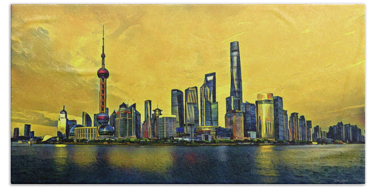 Skyline Bath Towel featuring the digital art Shanghai Skyline - China by Russ Harris