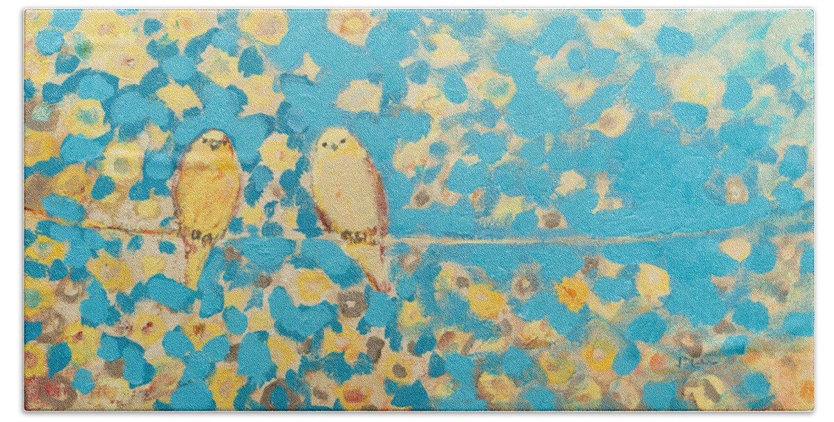 Impressionist Hand Towel featuring the painting Sharing a Sunny Perch by Jennifer Lommers