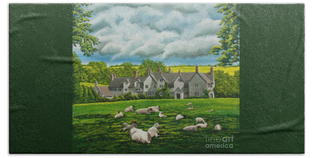 English Painting Hand Towel featuring the painting Sheep in Repose by Charlotte Blanchard