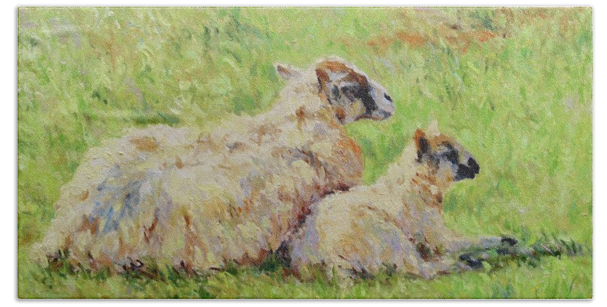 Artpierre Bath Towel featuring the painting Sheep in the spring time,La vie est belle by Pierre Dijk