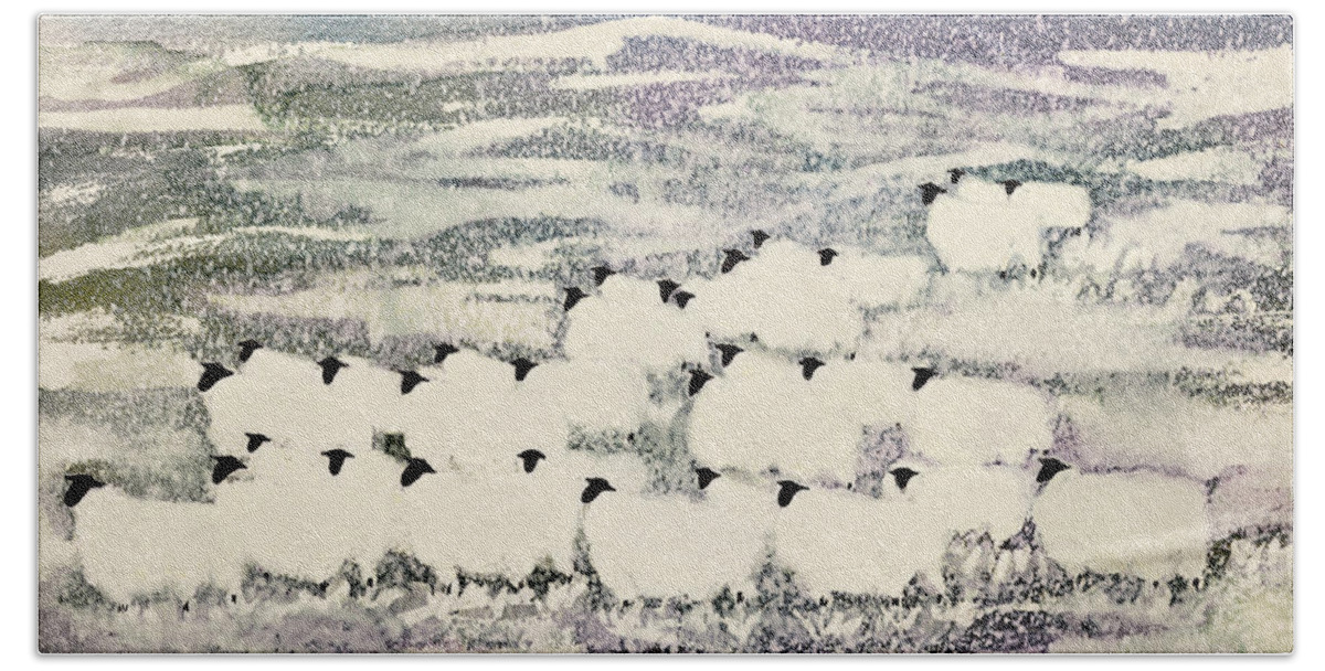 Sheep In Winter Bath Towel featuring the painting Sheep in Winter by Suzi Kennett