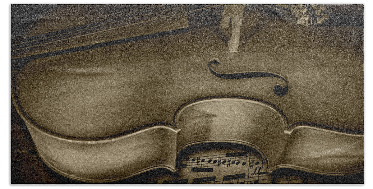 Cello Bath Towel featuring the photograph Sheet Music with Cello Stringed Instrument in Sepia by Randall Nyhof