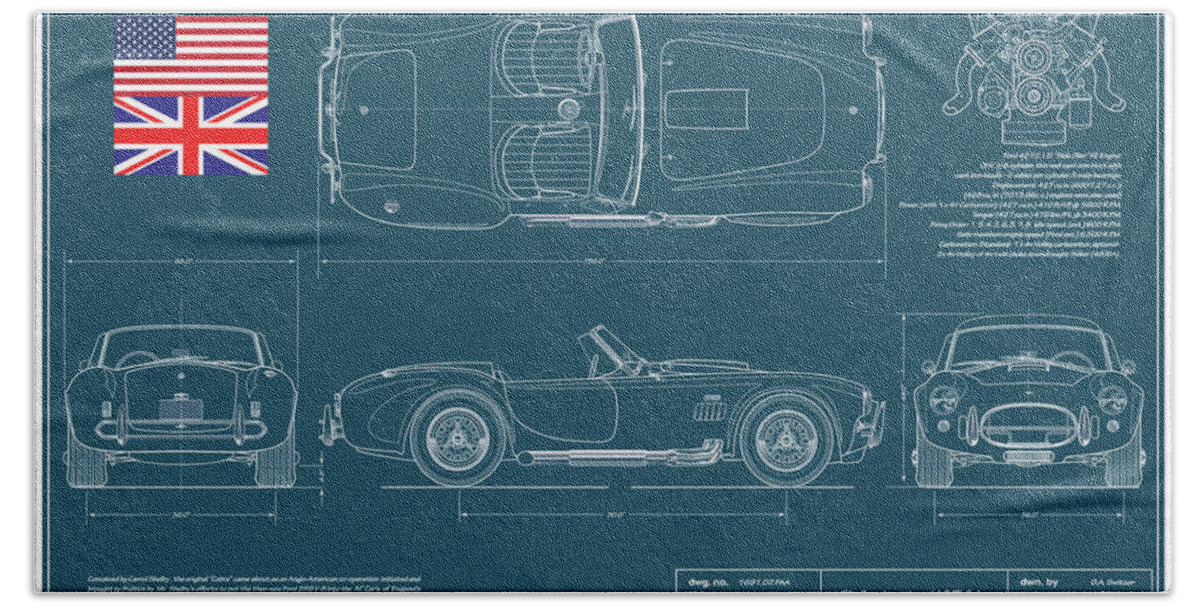 427 Cobra Hand Towel featuring the drawing Shelby American 427 Cobra Blueplanprint by Douglas Switzer