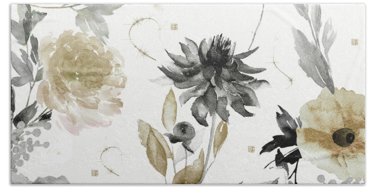 Gold Floral Hand Towel featuring the painting Shelby Gold and Black by Mindy Sommers