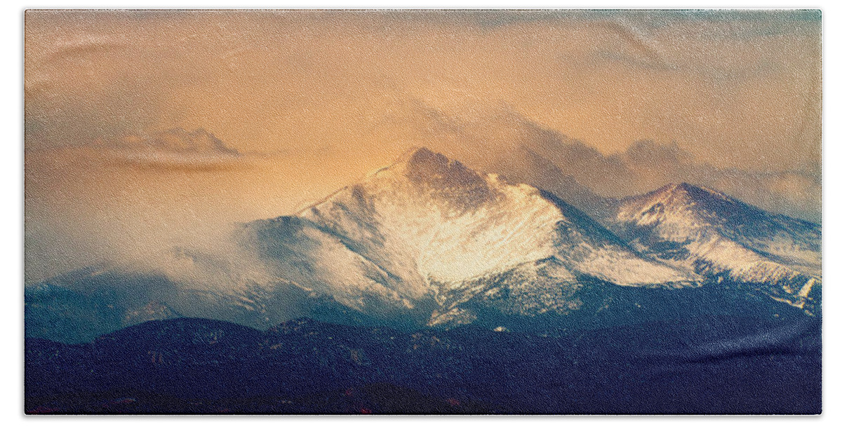Longs Peak Hand Towel featuring the photograph She'll Be Coming Around the Mountain by James BO Insogna