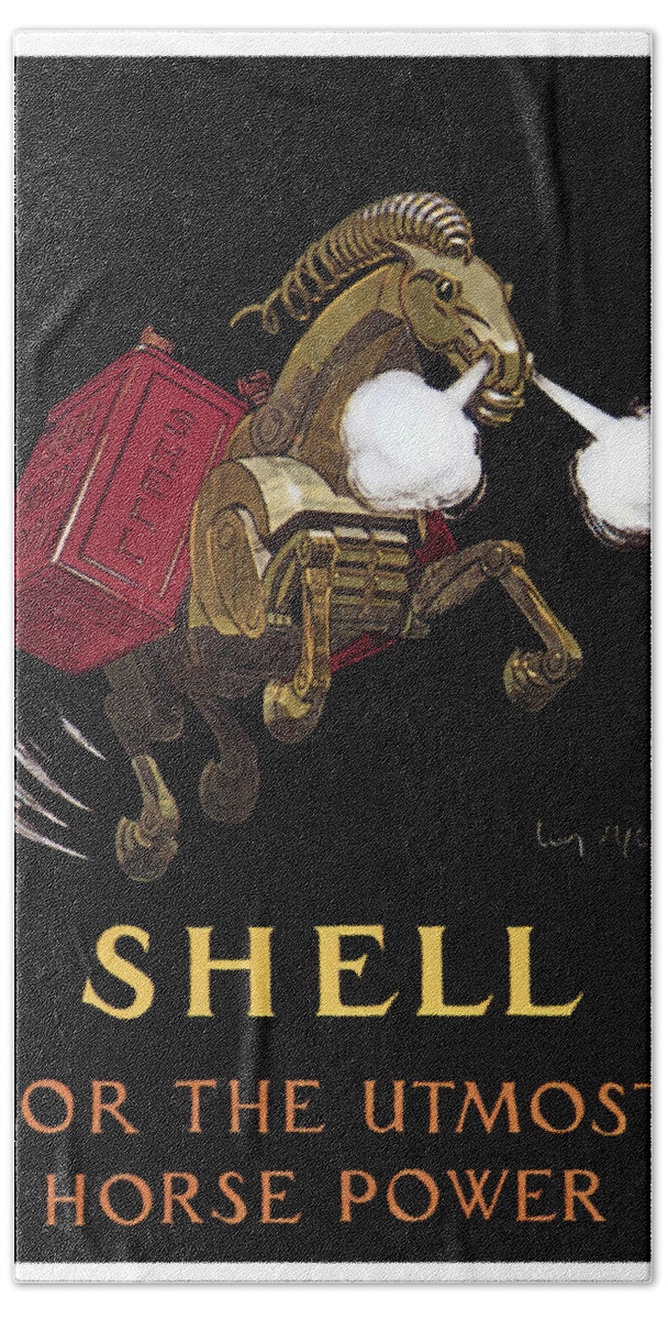 Vintage Hand Towel featuring the mixed media Shell - For the Utmost Horse Power - Vintage Advertising Poster by Studio Grafiikka