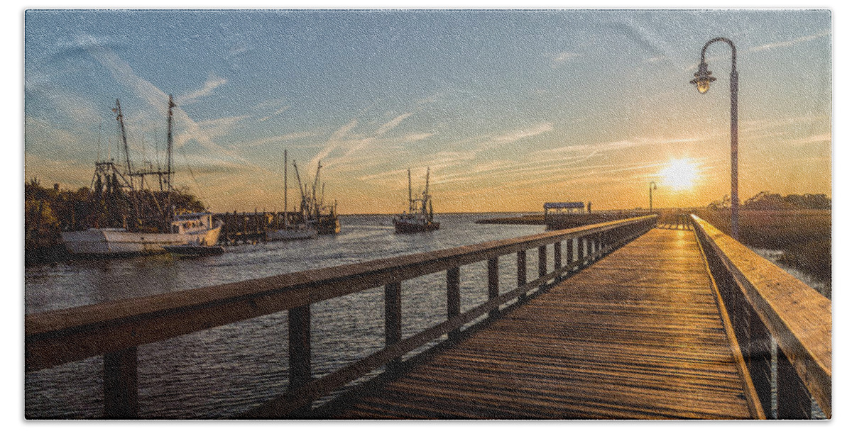 Mt. Pleasant Hand Towel featuring the photograph Shem Creek Pier Sunset - Mt. Pleasant SC by Donnie Whitaker