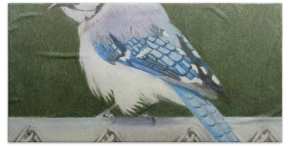 Bird Bath Towel featuring the painting Sherrie's Bluejay by Constance DRESCHER