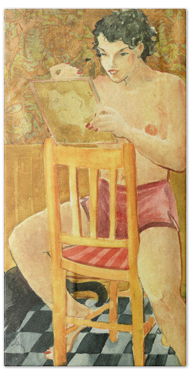 Nude Hand Towel featuring the painting She's So Cute by Thomas Tribby