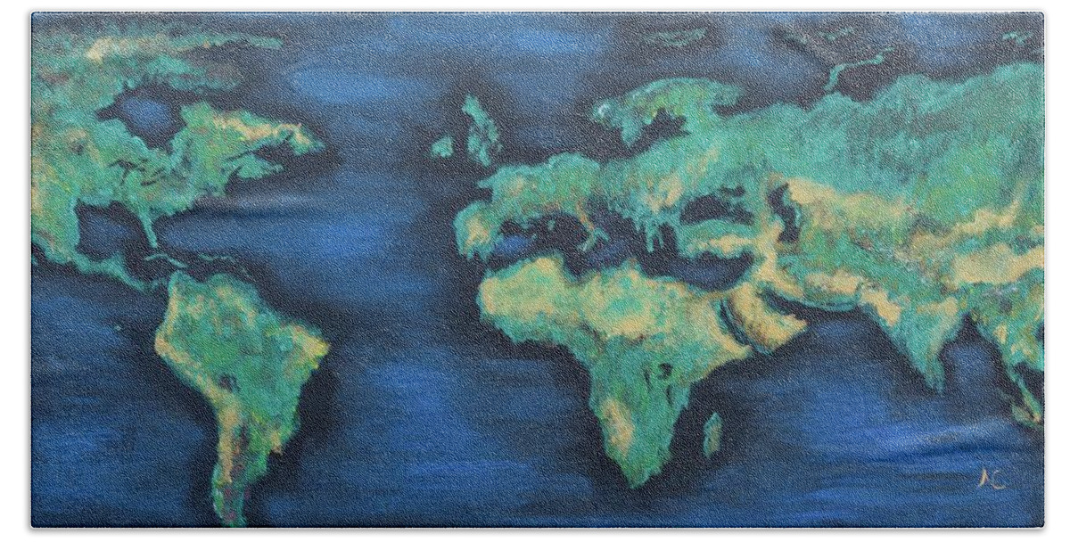 Earth Bath Towel featuring the painting Shimmering Earth by Neslihan Ergul Colley