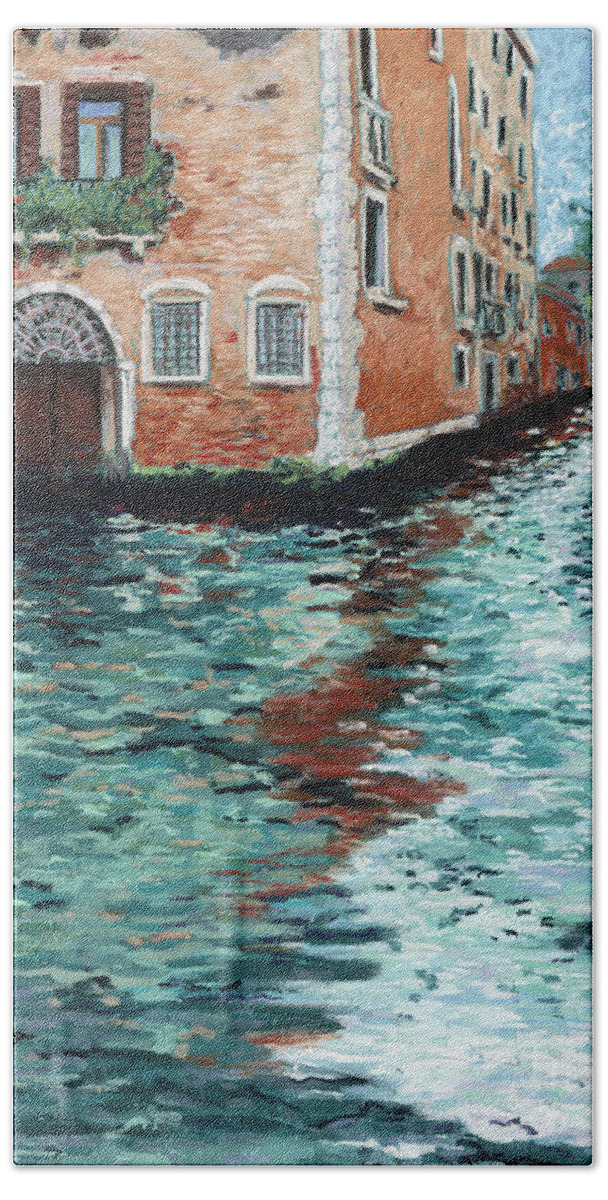 Venice Bath Towel featuring the pastel Shimmering Turquoise Canal by Cathy Carey