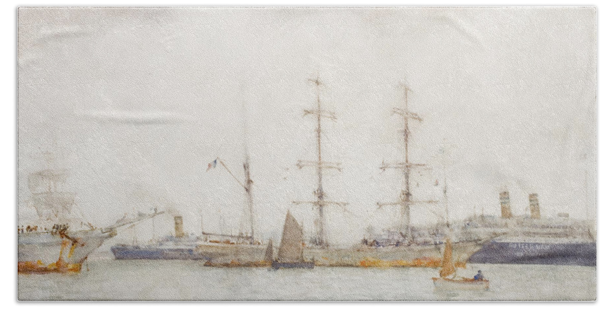 Barque Hand Towel featuring the painting Ships in Harbor by Henry Scott Tuke