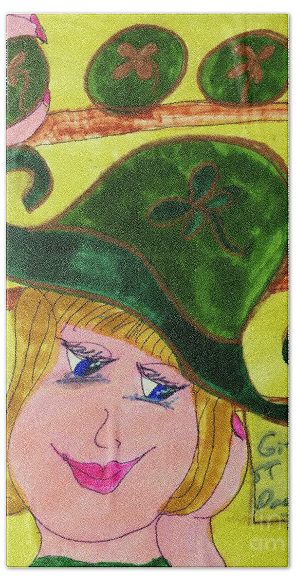 Lady Shopping For A Hat For St. Pats Day Hand Towel featuring the mixed media Shopping for St. Patrick's Day by Elinor Helen Rakowski