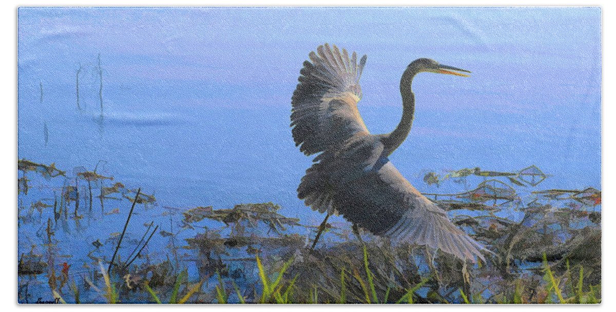 Blue Heron Bath Towel featuring the photograph Shore Walk by Dennis Baswell