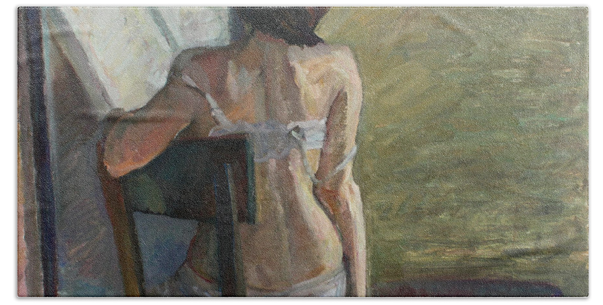 Nude Hand Towel featuring the painting Short day by Juliya Zhukova