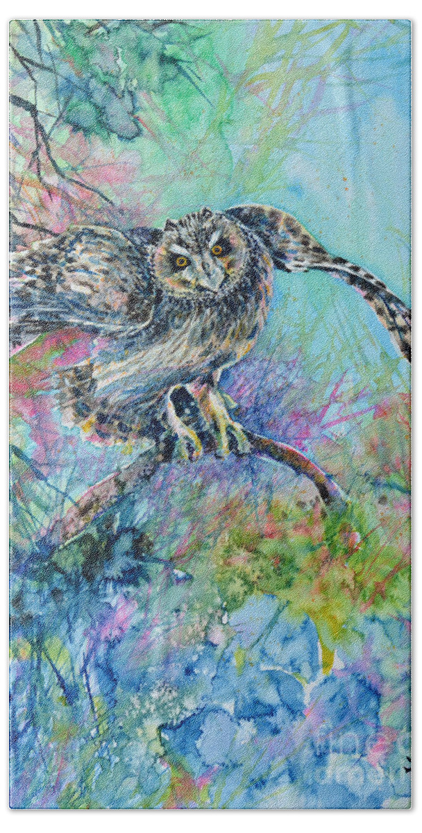 Short-eared Owl Bath Towel featuring the painting Short-eared Owl by Zaira Dzhaubaeva