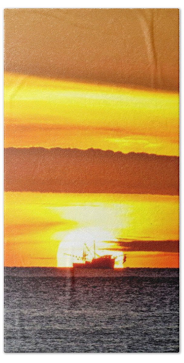 Shrimp Boat Bath Towel featuring the photograph Shrimp Boat at Sunrise by Mary Ann Artz