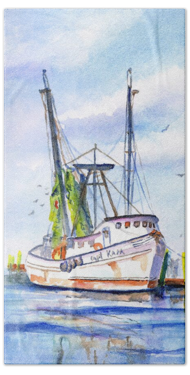 Shrimp Boat Hand Towel featuring the painting Shrimp Boat Gulf Fishing by Carlin Blahnik CarlinArtWatercolor