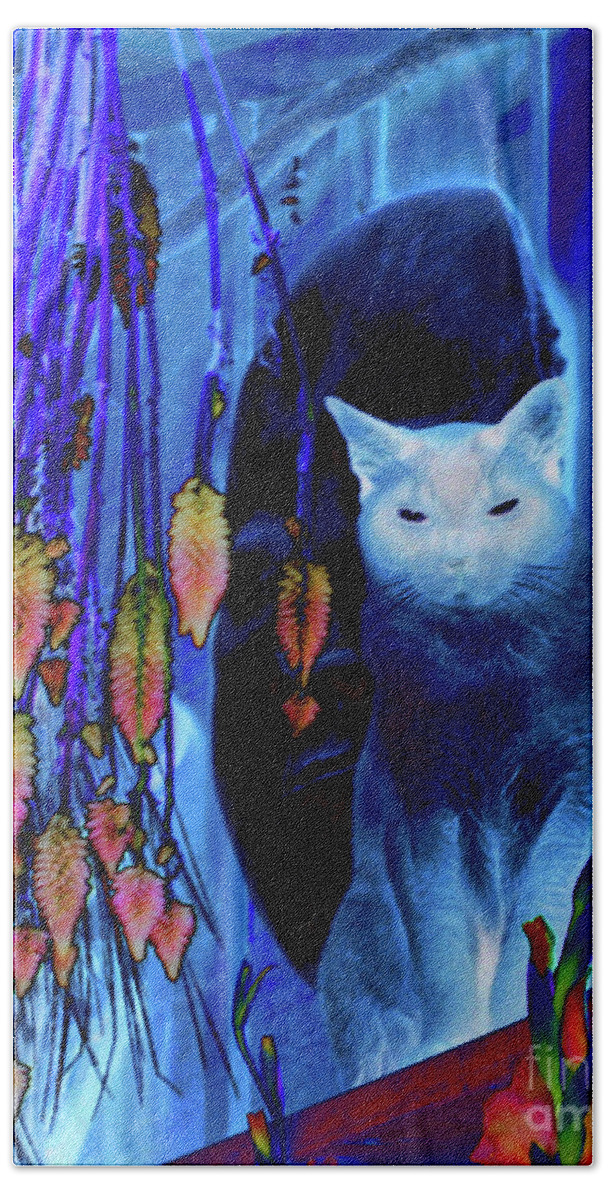 Animal Hand Towel featuring the digital art Siamese Cat In Blue by Smilin Eyes Treasures