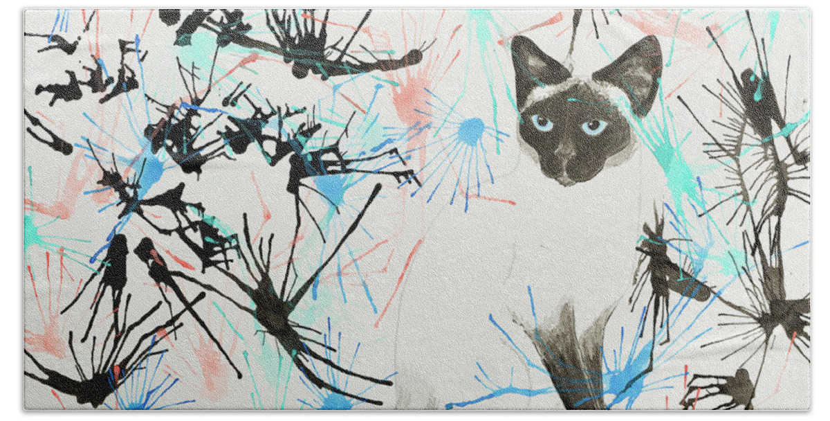 Siamese Bath Towel featuring the painting Siamese cat splatter by Stefanie Forck