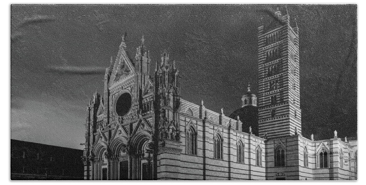 Joan Carroll Bath Towel featuring the photograph Siena Italy Cathedral BW by Joan Carroll