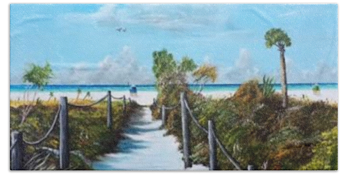 A Beach Access To Siesta Key Hand Towel featuring the painting Siesta Beach Access by Lloyd Dobson