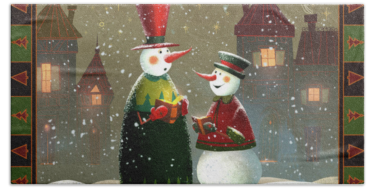 Snowman Hand Towel featuring the painting Silent Night by Kristina Vardazaryan