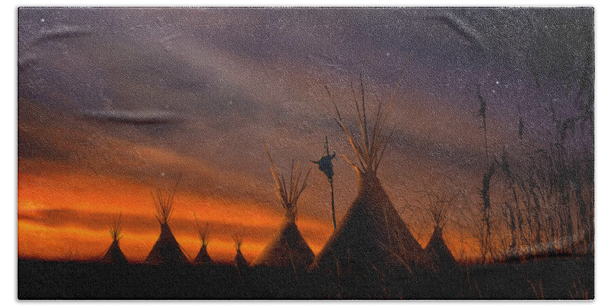 Native American Bath Sheet featuring the painting Silent Teepees by Paul Sachtleben