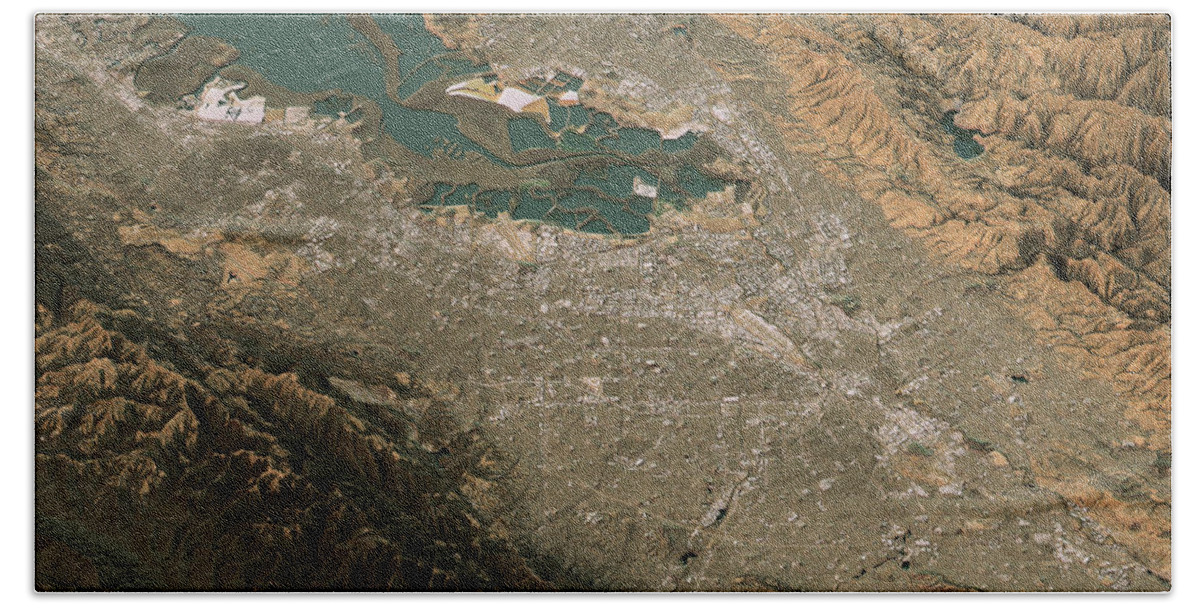Silicon Valley Hand Towel featuring the digital art Silicon Valley Topographic Map 3D Landscape View Natural Color by Frank Ramspott