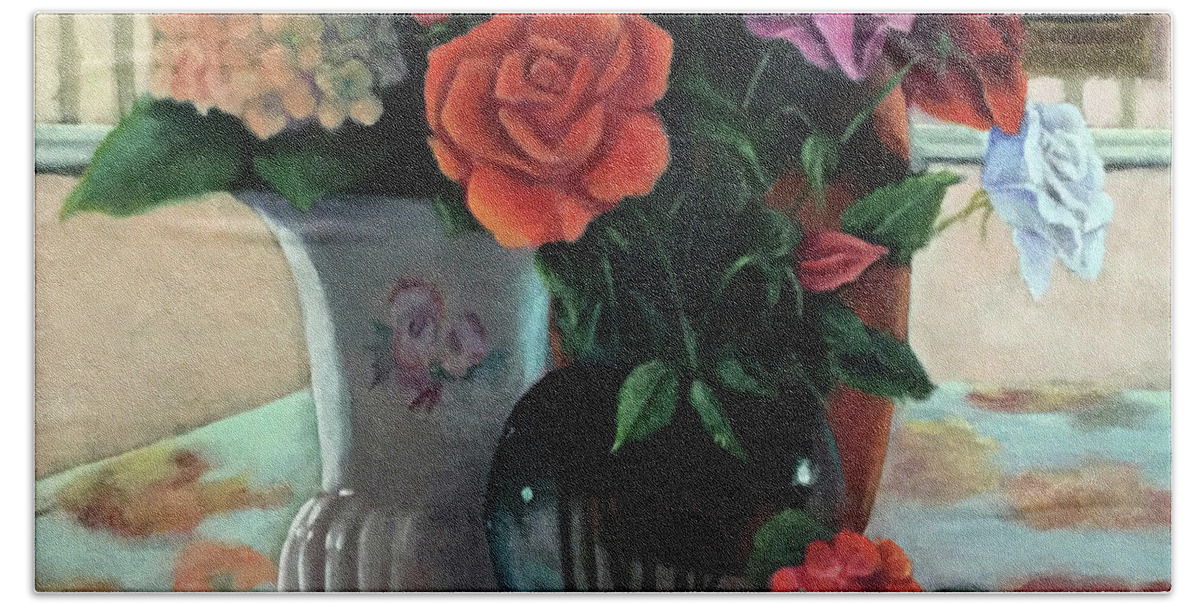 Still Life Hand Towel featuring the painting Silk Flowers by Marlene Book