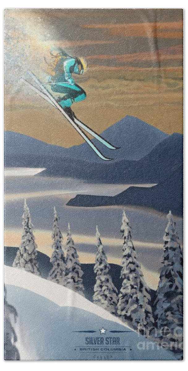 Retro Ski Art Bath Towel featuring the painting Silver Star ski poster by Sassan Filsoof