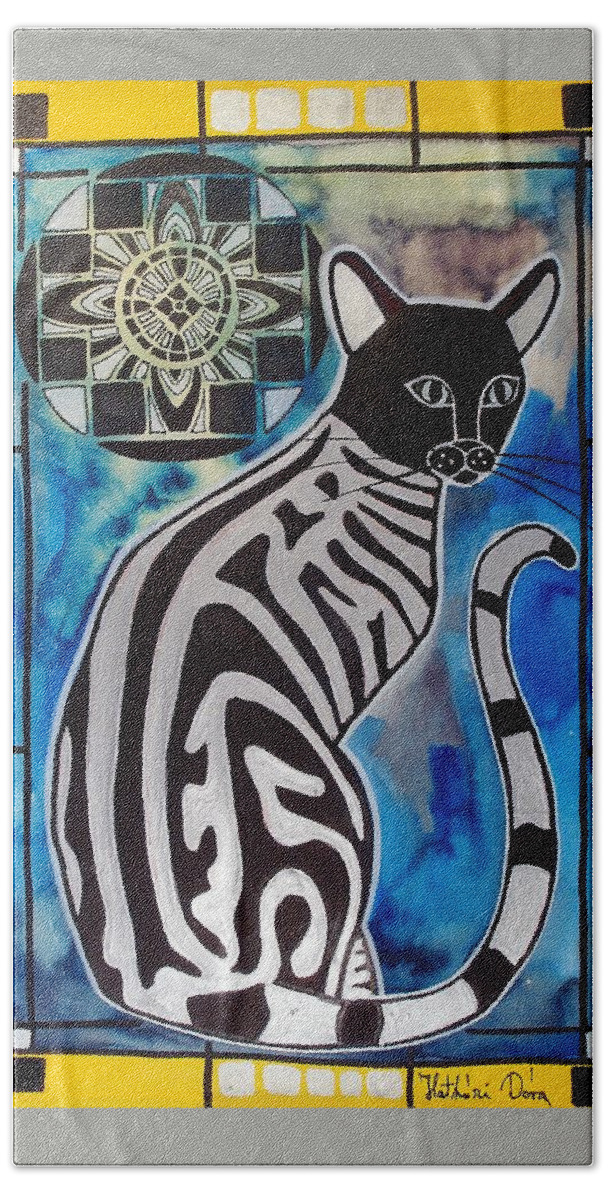 Cats Hand Towel featuring the painting Silver Tabby with Mandala - Cat Art by Dora Hathazi Mendes by Dora Hathazi Mendes