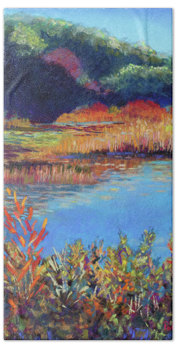  Hand Towel featuring the pastel Simpaug Pond in October by Polly Castor
