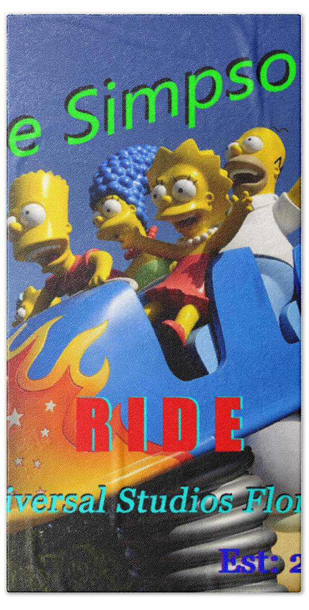 The Simpsons Ride Universal Studios Florida Bath Sheet featuring the photograph Simpsons ride postcard poster work by David Lee Thompson