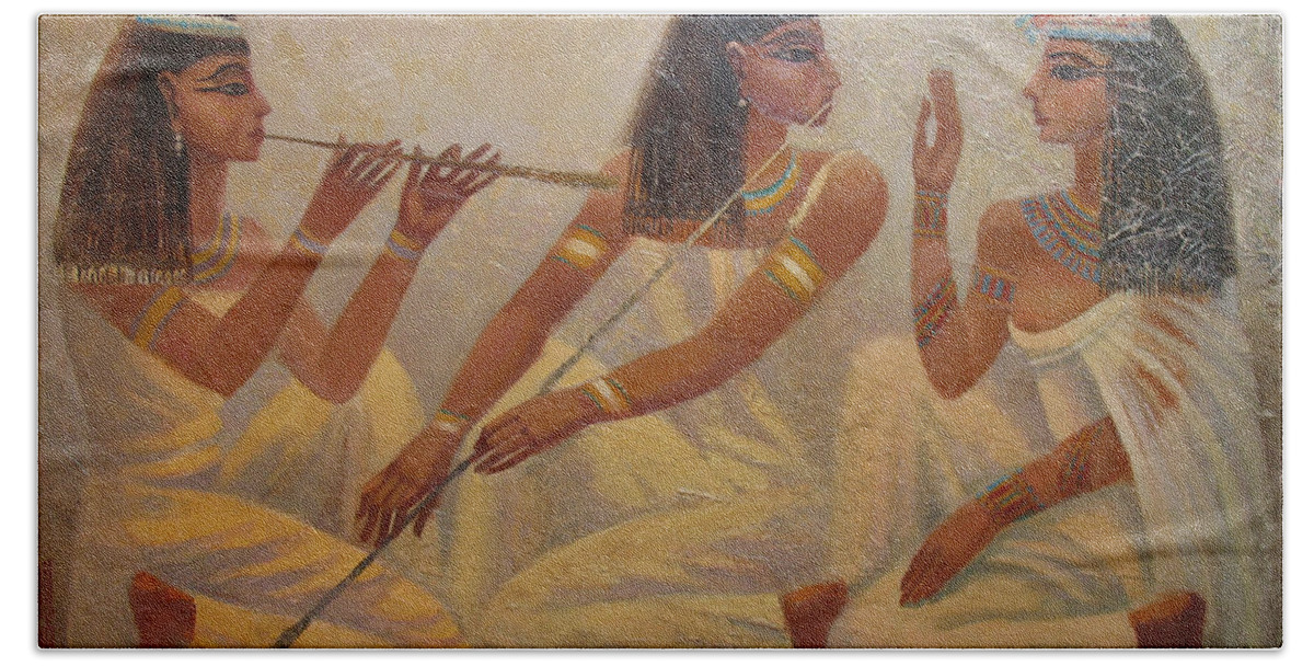 Egypt Hand Towel featuring the painting Singers of Pharaoh by Valentina Kondrashova