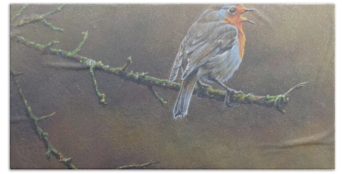 Wildlife Paintings Bath Towel featuring the painting Singing Robin by Alan M Hunt