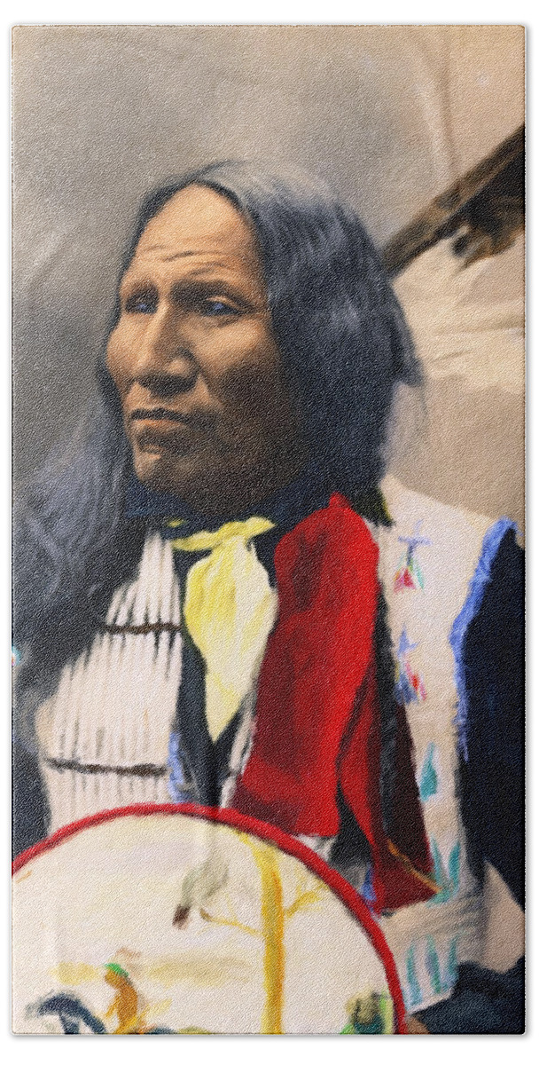 Sioux Chief Portrait Bath Towel featuring the painting Sioux Chief Portrait by Georgiana Romanovna