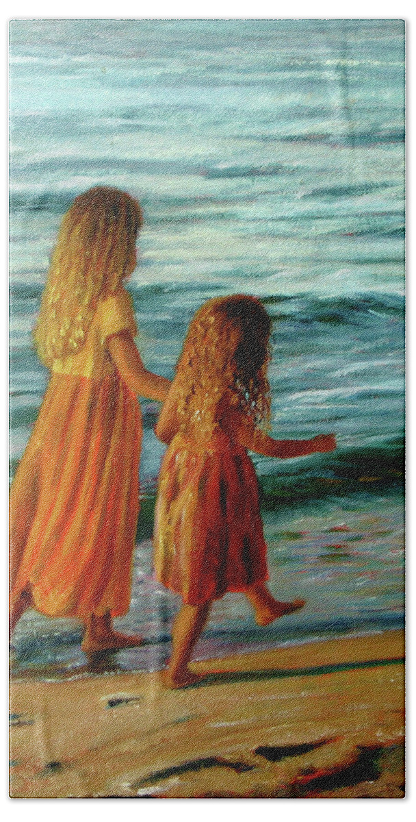 Young Sisters Bath Towel featuring the painting Sisters Walking by Marie Witte