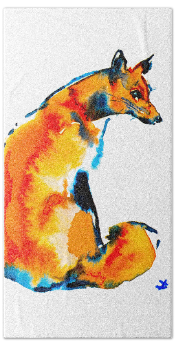 Fox Hand Towel featuring the painting Sitting Fox by Zaira Dzhaubaeva
