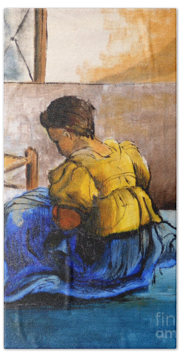 Art Bath Towel featuring the painting Sitting Girl by George Wood by Karen Adams