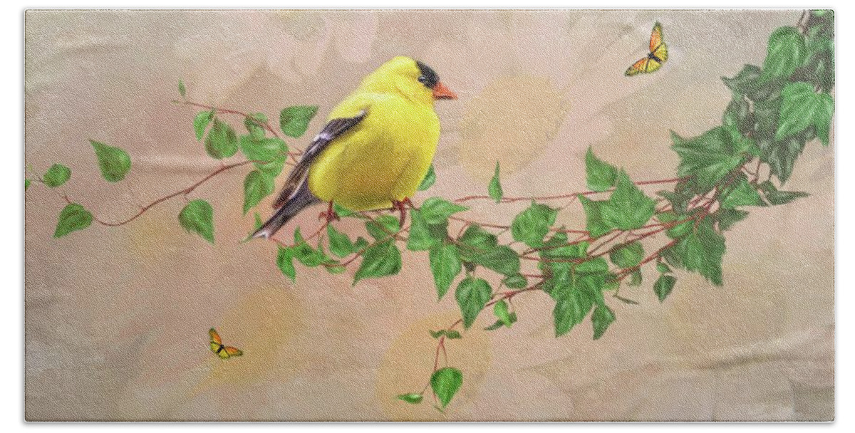 Male Gold Finch Hand Towel featuring the photograph Sitting Pretty by Mary Timman