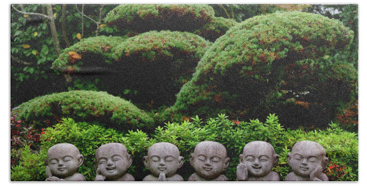 Six Cute Little Monks Buddha Stone Statues In Japanese Garden Hand