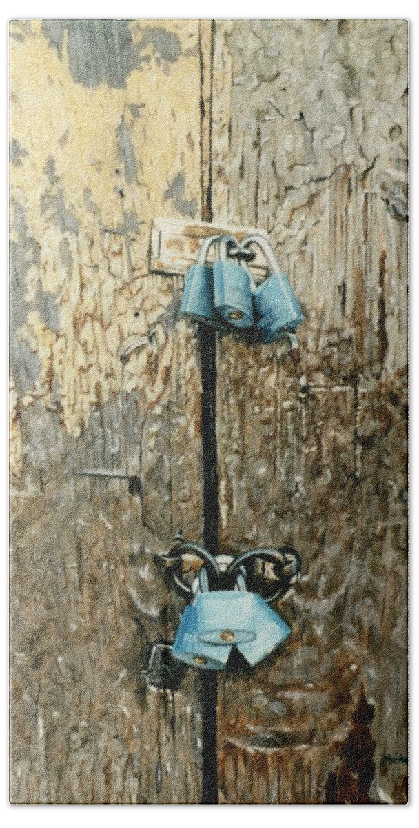 Hyperrealism Bath Towel featuring the painting Six Locks by Michael Earney
