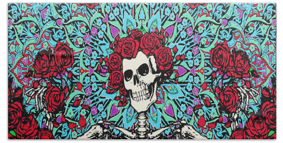 Grateful Dead Bath Sheet featuring the digital art skeleton With Roses by Gd