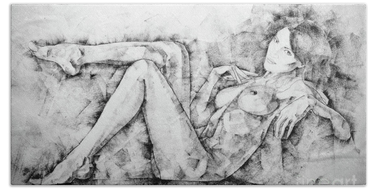 Art Bath Towel featuring the drawing SketchBook Page 46 Drawing Woman Classical Sitting Pose by Dimitar Hristov