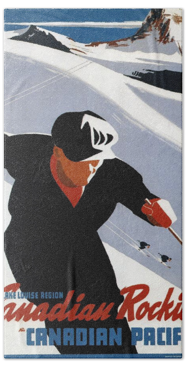 Skiing Hand Towel featuring the mixed media Skiing in the Canadian Rockies - Canadian Pacific - Retro Travel Poster - Vintage Poster by Studio Grafiikka